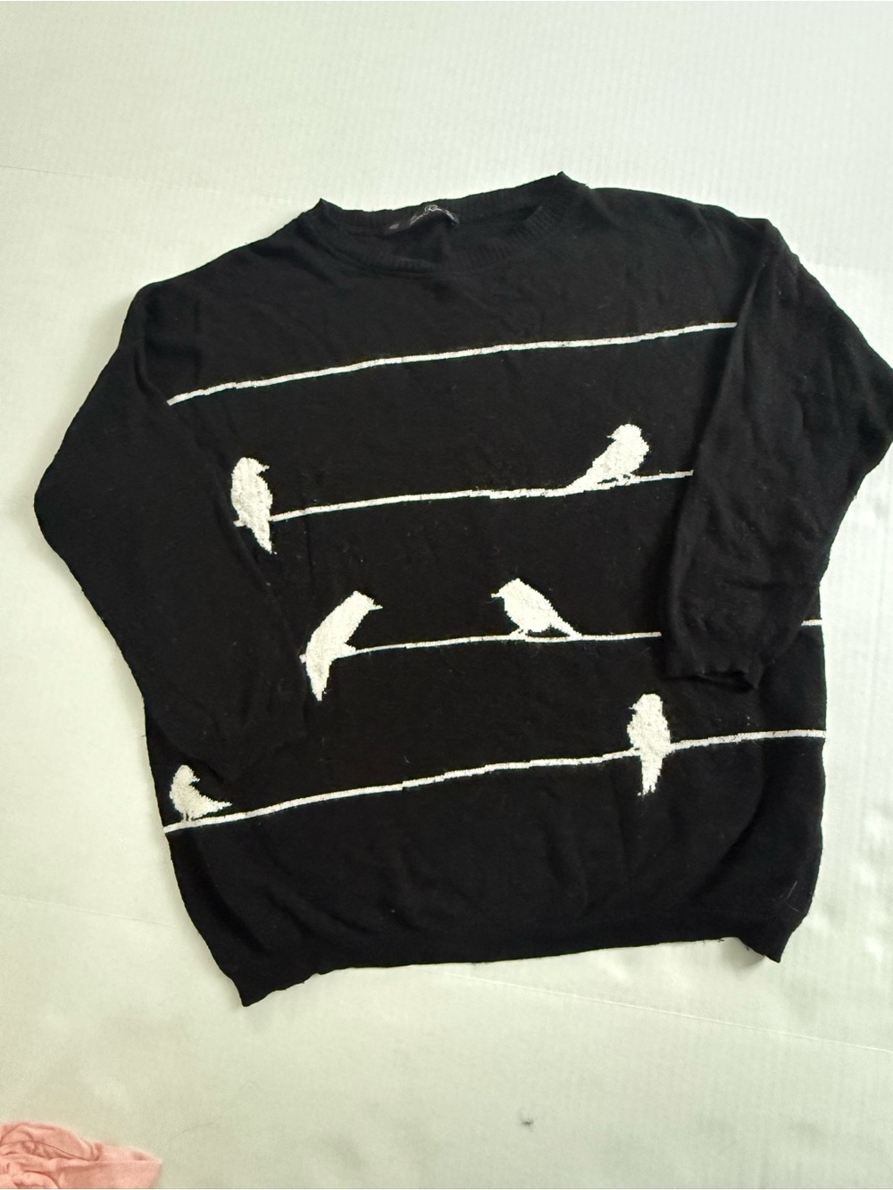 Zara Knit M Black Bird Line Sweater with White Bird Motif